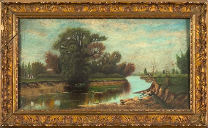 Appraisal: American School Early th Century Two Figures Kayaking Along a