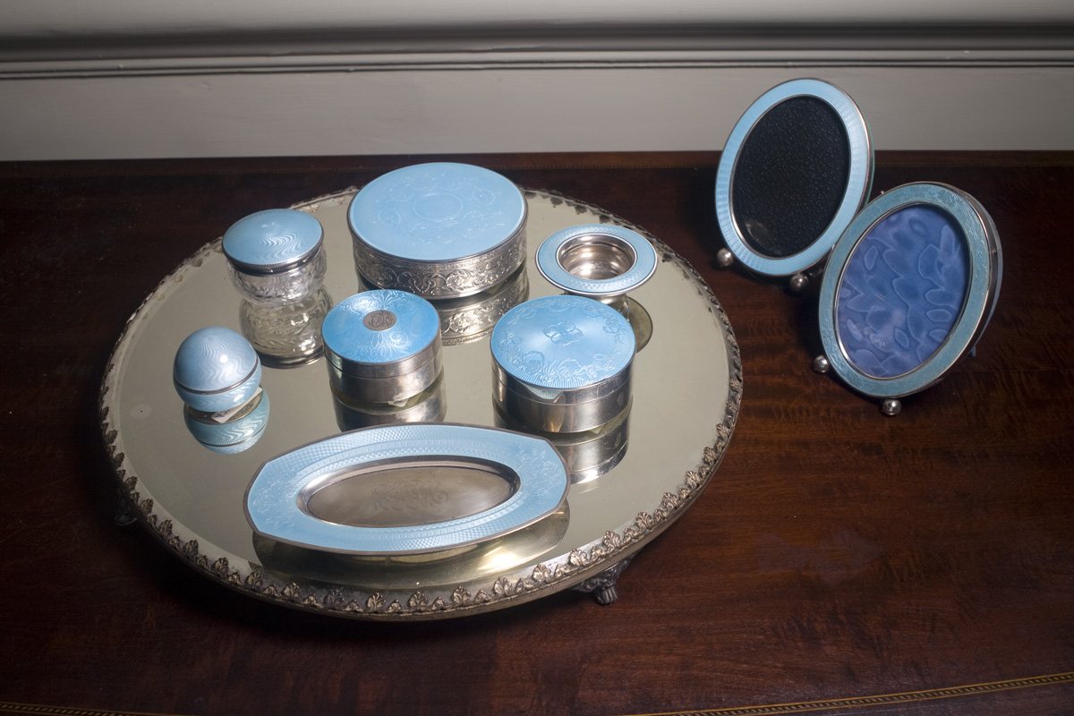 Appraisal: AMERICAN SILVER AND ENAMEL ASSEMBLED NINE-PIECE DRESSING SET VARIOUS MAKERS