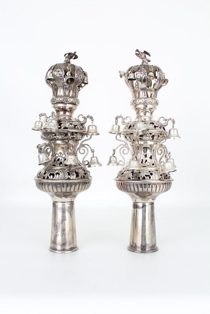 Appraisal: Pair th C Russian Silver Torah Finials Marked Pair th