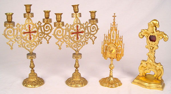 Appraisal: MONSTRANCE RELIQUARY AND PAIR OF ALTAR CANDLE HOLDERS To include