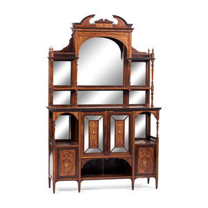 Appraisal: An Aesthetic Movement Mirrored and Inlaid Walnut Step-Back Cabinet Late