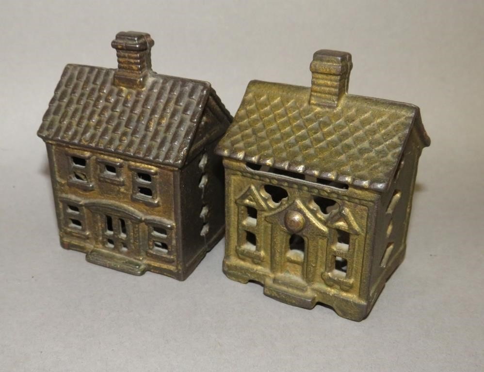 Appraisal: CAST IRON HOUSE SHAPED BANKSca - unattributed two piece bolted