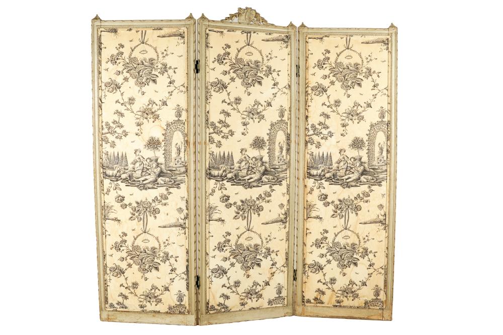 Appraisal: LOUIS XVI STYLE CARVED GREY-PAINTED THREE-FOLD SCREENupholstered in black and