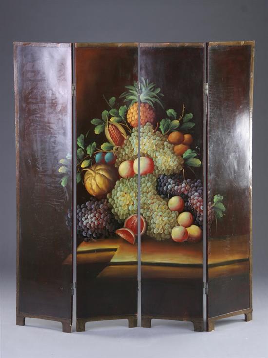 Appraisal: CONTINENTAL FOUR-PANEL PAINTED SCREEN th century With elaborately handpainted panels