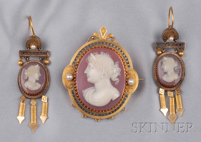 Appraisal: Antique Hardstone Cameo and Pearl Suite the brooch set with