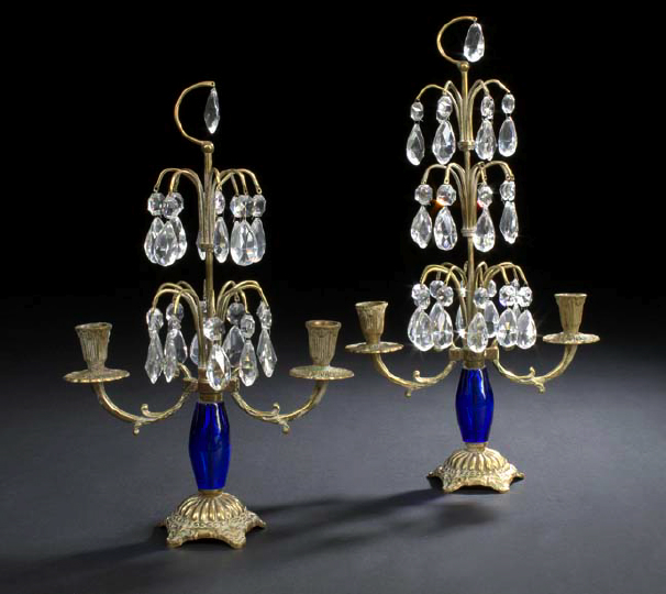 Appraisal: Diminutive Near-Pair of Swedish Gilt-Brass Cobalt-Blue and Cut Glass Two-Light