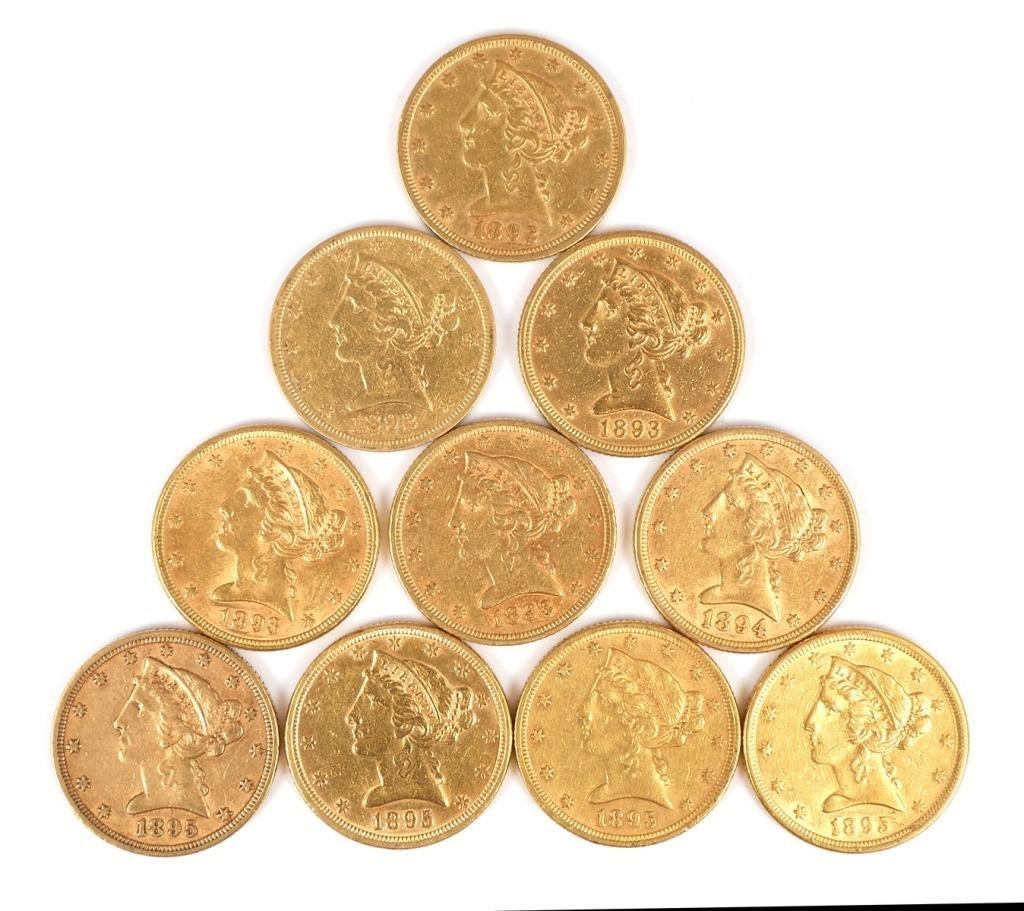 Appraisal: ten United States gold half eagles dated - PLEASE NOTE