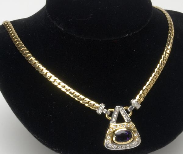 Appraisal: AMETHYST DIAMOND NECKLACE k yg chain suspends wg and yg