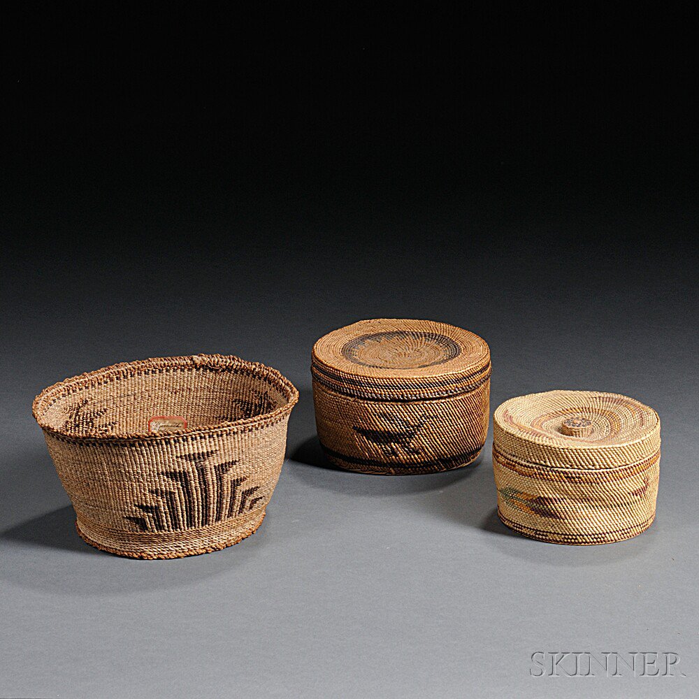 Appraisal: Three Northwest Twined Baskets two lidded Makah baskets and a