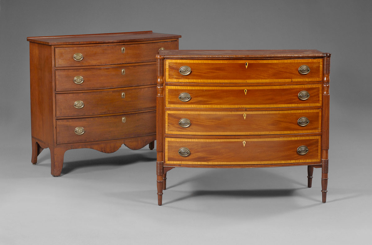 Appraisal: MASSACHUSETTS SHERATON INLAID MAHOGANY BOWFRONT CHEST OF DRAWERS The rectangular