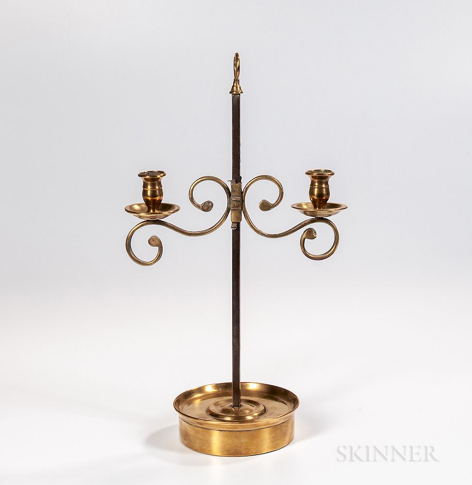 Appraisal: Brass and Iron Tabletop Adjustable Two-light Candleholder Brass and Iron