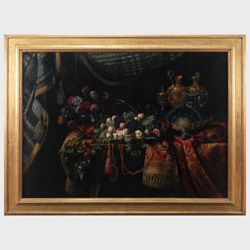 Appraisal: European School Still Life with Urns Fruit and Flowers Oil