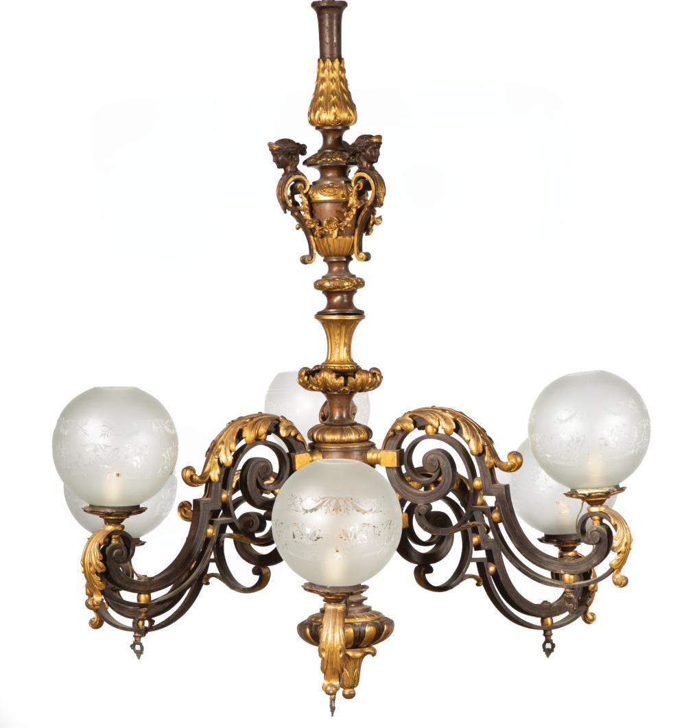 Appraisal: French Rococo Revival Gilt and Patinated Bronze Six-Light Gasolier mid-