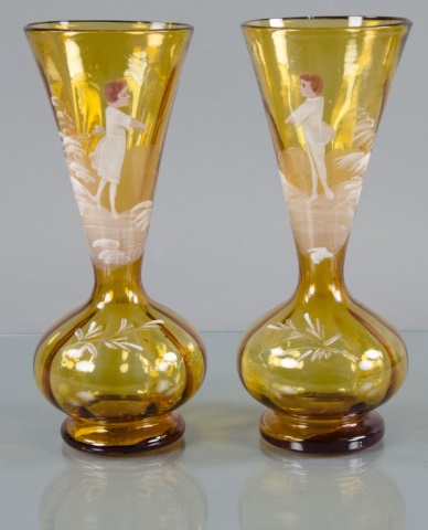 Appraisal: Pair of Amber Mary Gregory Trumpet VasesEnamel decoration on one