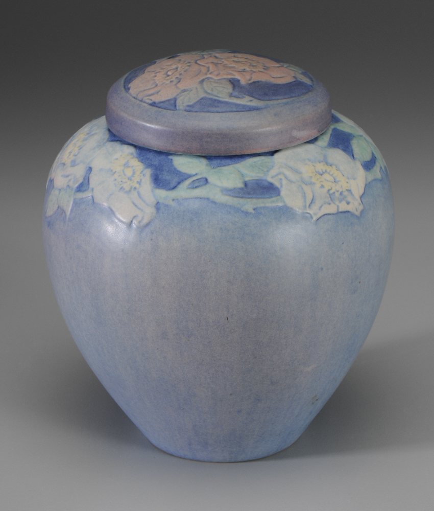 Appraisal: Newcomb College Lidded Jar American matte glaze with raised flowers