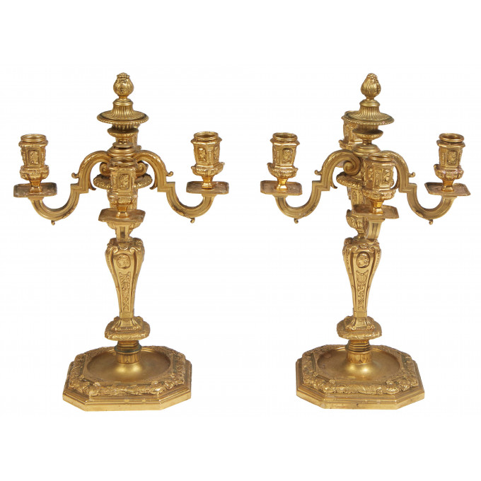 Appraisal: Pair of Gilt Bronze Neoclassical Four Light Candelabra th c