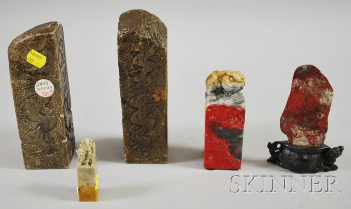 Appraisal: Four Asian Carved Stone Seals and a Scholar's Stone in