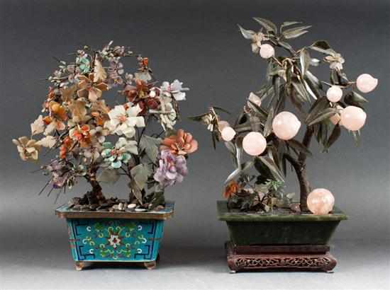 Appraisal: Chinese carved hardstone mineral tree in cloisonne planter and similar