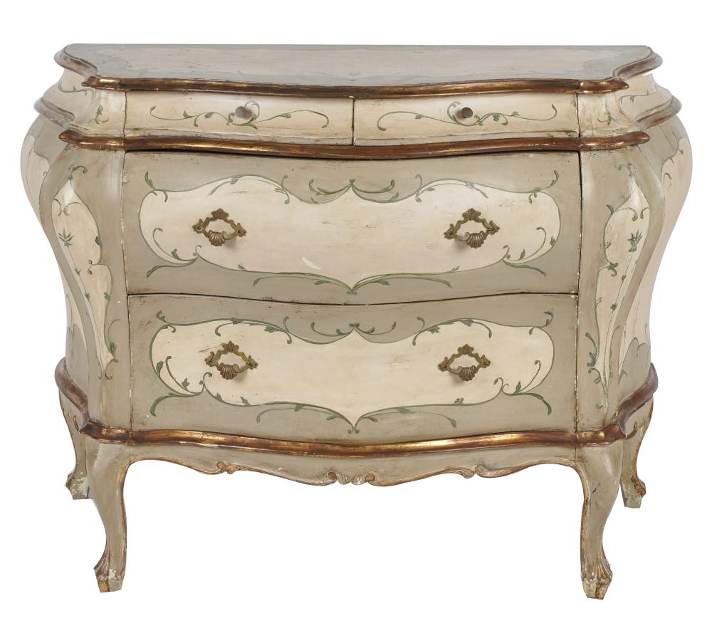 Appraisal: VENETIAN ROCOCO-STYLE PAINTED BOMBE COMMODEwith two short drawers over two