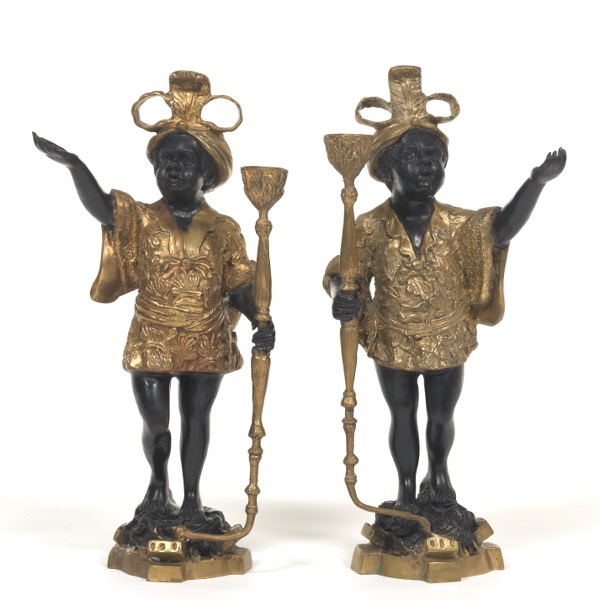 Appraisal: PAIR OF BLACKAMOOR CANDLE HOLDERS x x Patinated metal candle