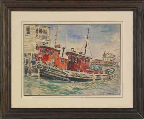 Appraisal: Stewart Wheeler American - watercolor harbor scene with tugboats signed