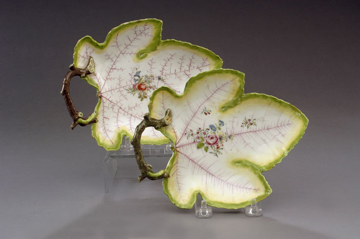 Appraisal: TWO SIMILAR CHELSEA PORCELAIN GRAPELEAF DISHES CIRCA Each painted in