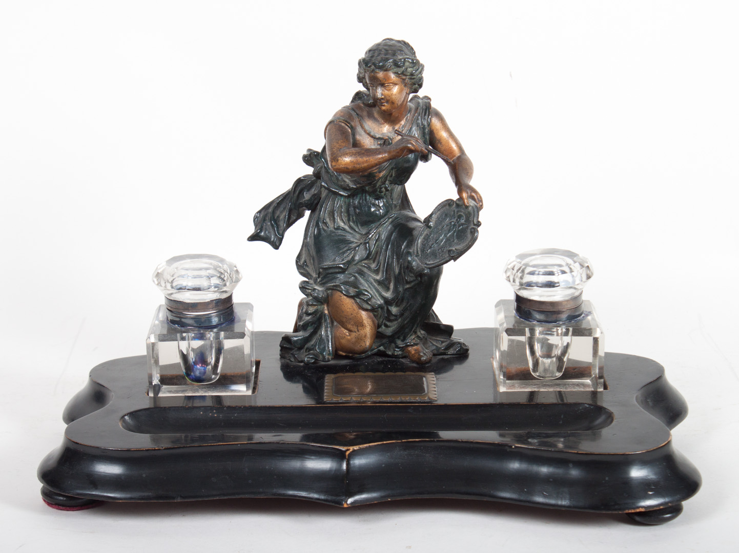 Appraisal: Victorian figural standish dated mounted with patinated spelter allegory of