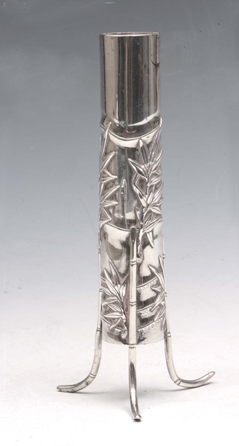 Appraisal: A CHINESE SILVER VASE of cylindrical form on tripod base