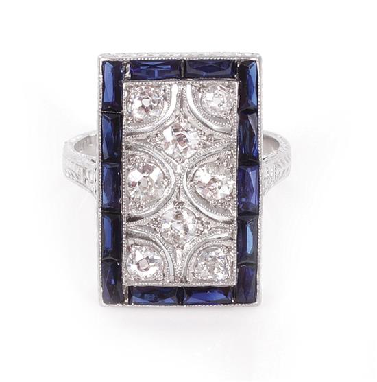 Appraisal: Art Deco platinum diamond and sapphire ring circa Old European-cut