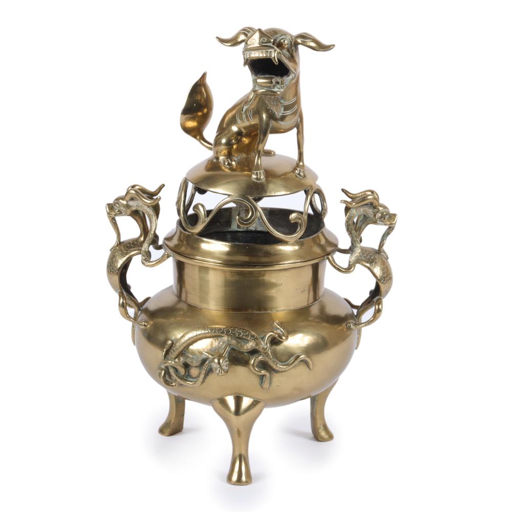 Appraisal: LARGE CHINESE BRASS FOO DOG CENSER WITH FIGURAL LID PULL