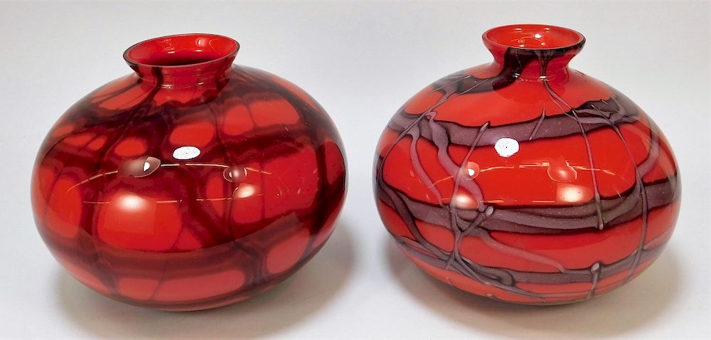 Appraisal: PC Kralik Red Net Bohemian Art Glass Vases Bohemia th