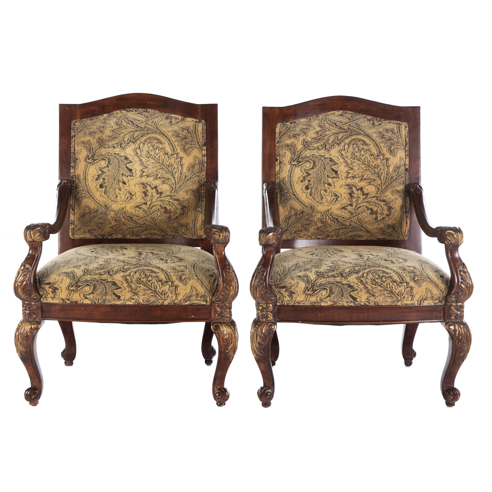 Appraisal: PAIR OF GEORGE III STYLE UPHOLSTERED ARM CHAIRS With acanthus