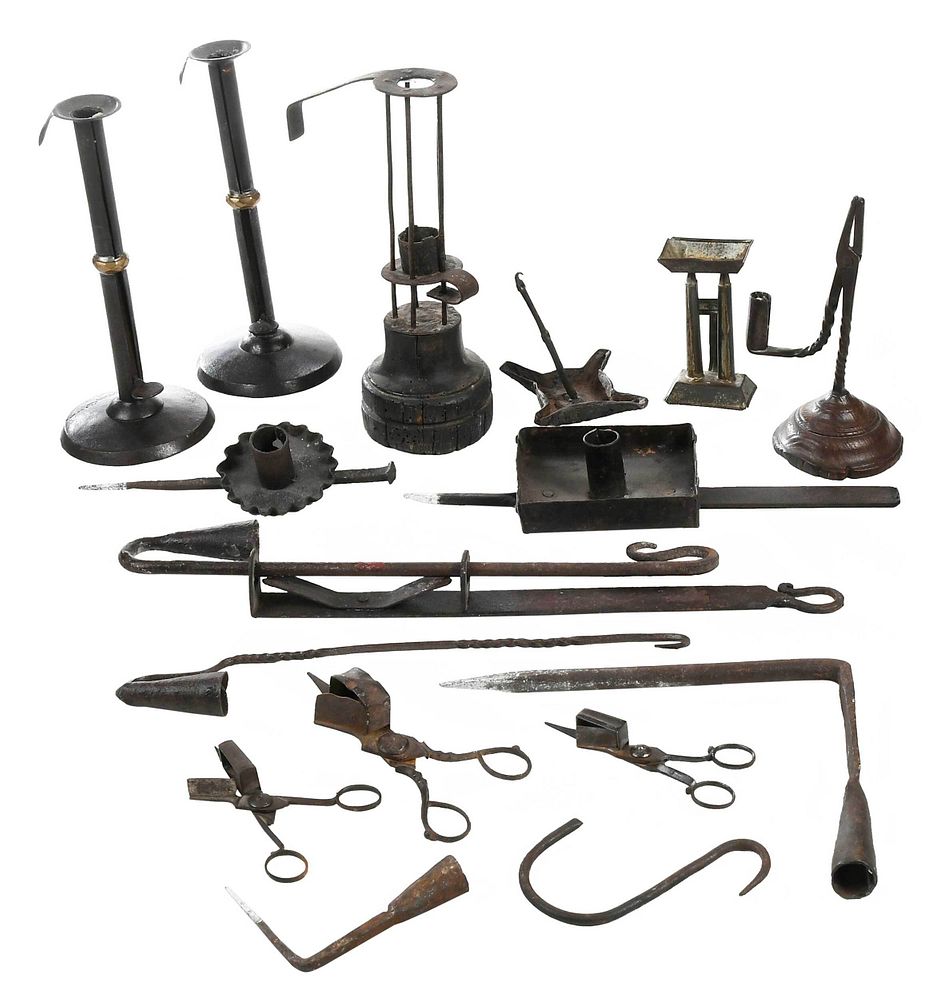 Appraisal: Group of Early Iron and Tin Lighting Tools American Continental