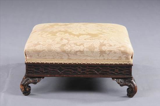 Appraisal: GEORGE II MAHOGANY UPHOLSTERED FOOTSTOOL Mid- th century Square upholstered