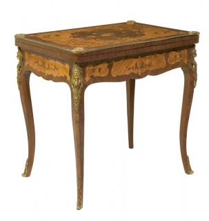 Appraisal: A LOUIS XV STYLE ORMOLU MOUNTED MARQUETRY FLIP-TOP GAME TABLE