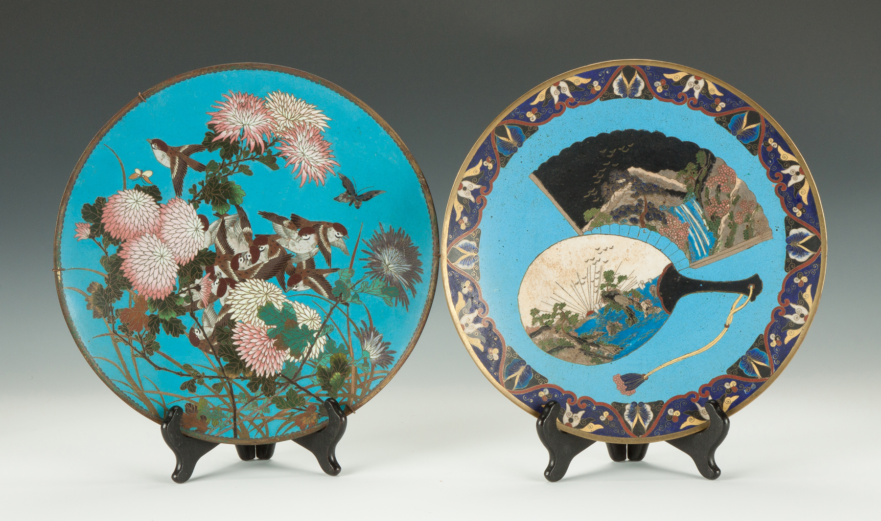 Appraisal: Two Japanese Cloisonn Plates th cent Birds floral decoration Fan