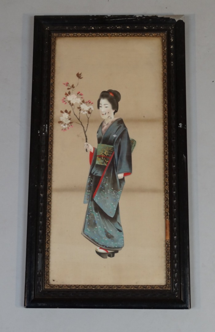 Appraisal: A late thC Japanese School Geisha girl holding flowers silk