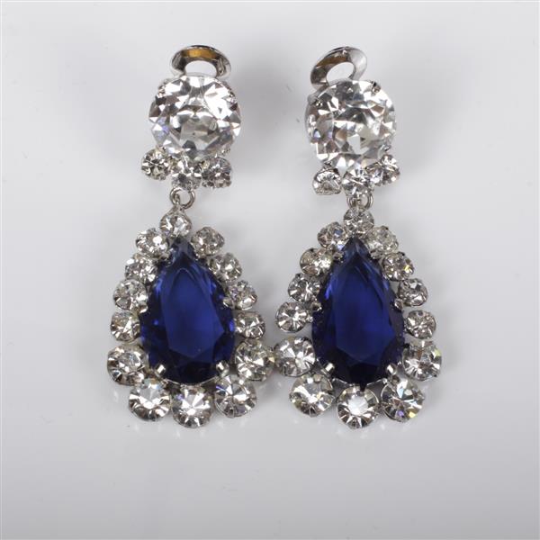 Appraisal: Schreiner Clear Sapphire Blue Crystal Teardrop Dangle Clip Earrings