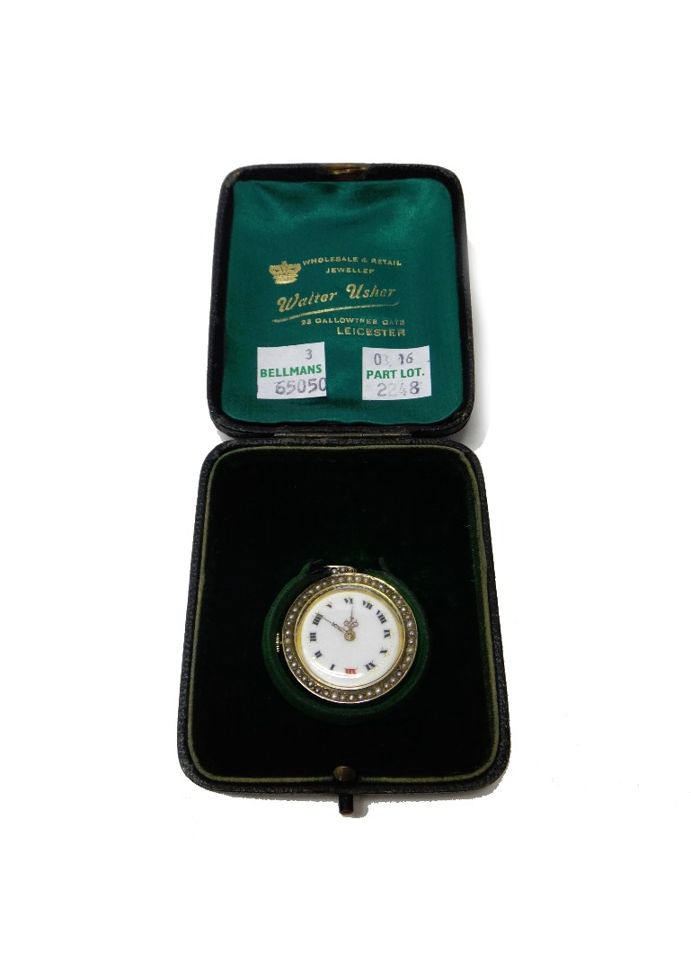 Appraisal: A gold and seed pearl set pendant watch the jewelled