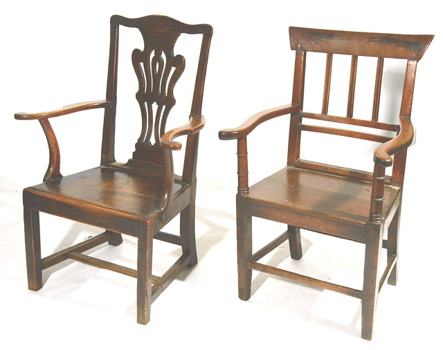 Appraisal: TWO TH CENTURY OAK ELBOW CHAIRS with splat backs and