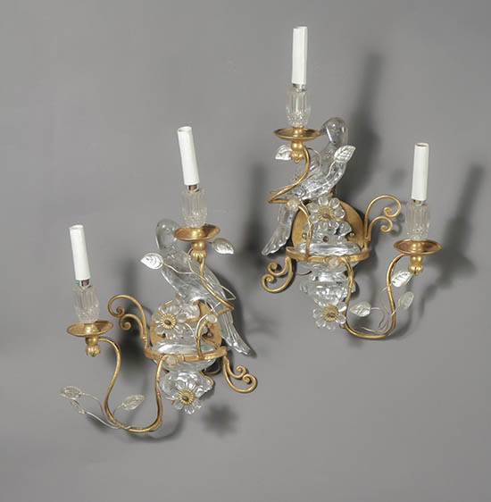 Appraisal: Pair of Baccarat-Type Molded and Cut Glass Gilt Wrought-Iron Two-Light