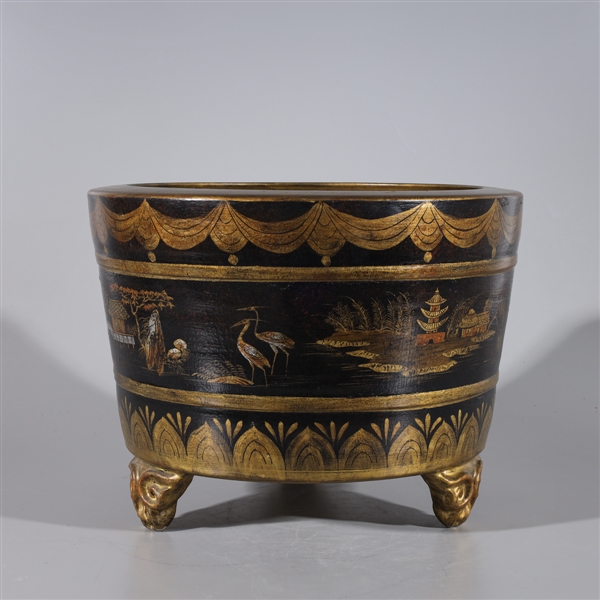 Appraisal: Chinese gilt lacquer imitating porcelain tripod basin with river scenes