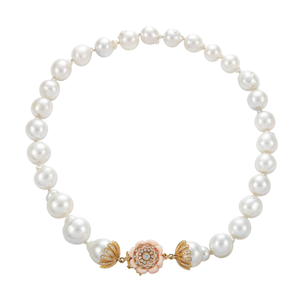 Appraisal: Semi-Baroque Cultured Pearl Necklace with Carved Coral and Diamond Clasp