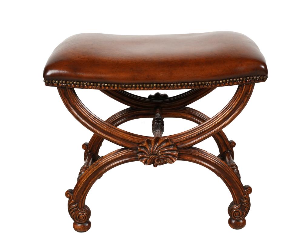 Appraisal: NEOCLASSICAL-STYLE CURULE STOOLcovered with leather Provenance The Estate of Gordon