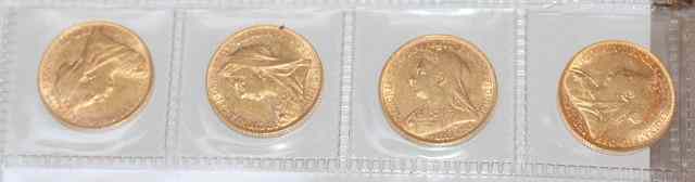 Appraisal: FOUR QUEEN VICTORIA GOLD SOVEREIGNS Old Veil head St George