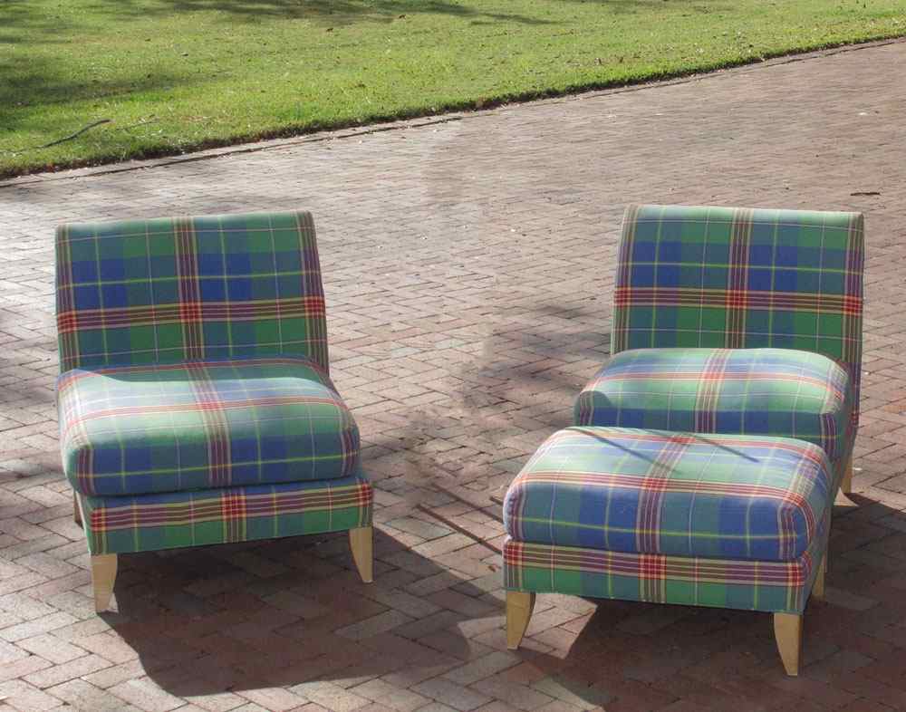 Appraisal: CONTEMPORARY CHAIRS WITH OTTOMAN piece plaid upholstered chairs with matching