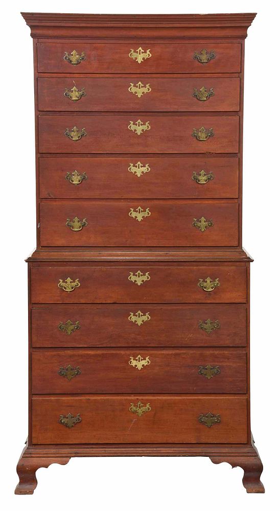 Appraisal: Signed New England Chippendale Cherry Chest on Chest Coastal Connecticut