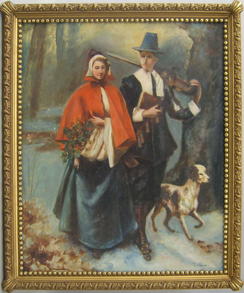 Appraisal: Oil on canvas of a Pilgrim and his wife signed