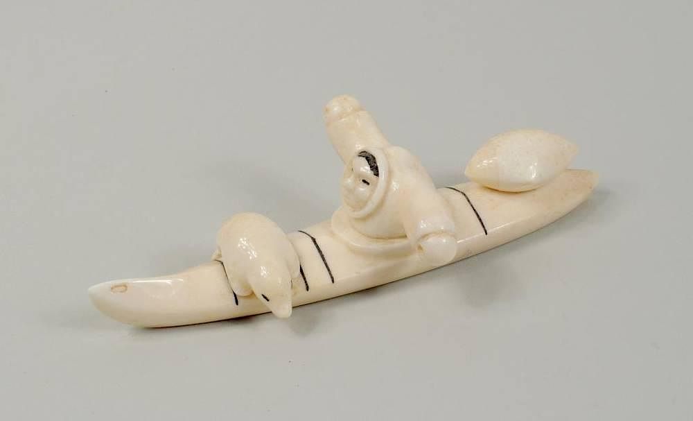 Appraisal: Inuit Marine Ivory Carving of Hunter in Kayak Inuit marine