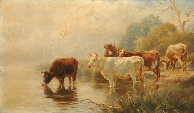 Appraisal: J H Scheltema - Cattle Watering oil on canvas signed